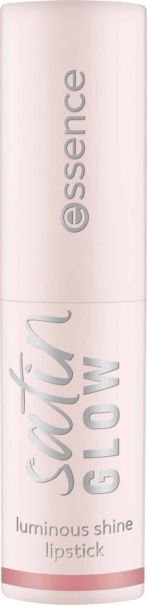 Pitkä, valkoinen huulikiiltoputki, jossa on pinkkejä korostuksia ja tekstiä kuten essence, satin ja glow.