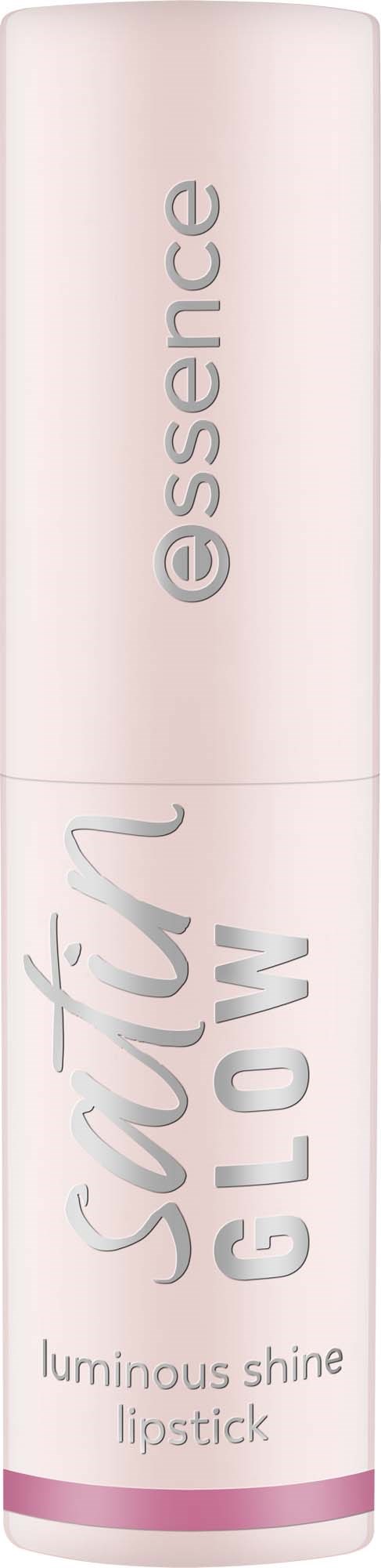 Valkoinen pyöreä huultenrajaustujuustuubi, jossa lukee Essence Satin Glow ja on vaaleanpunaisia yksityiskohtia.