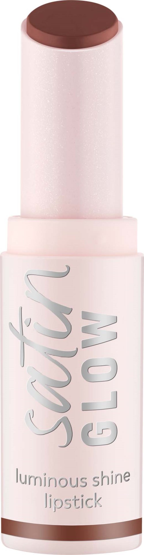 Een roze lippenstift met glanzende zilveren tekst en een bruin lippenstift in de tube.
