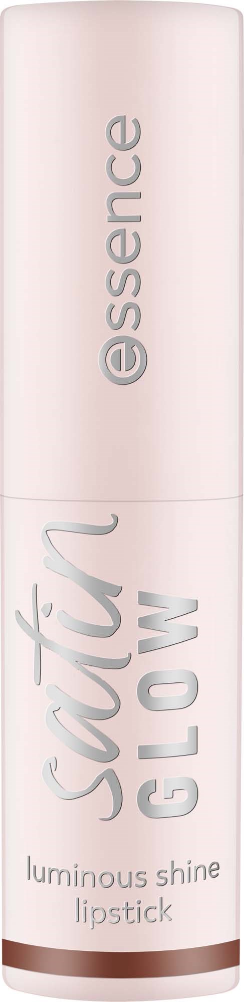 Een lange, cilindervormige lippenstiftbuis met Satt Glow en essence, wit en lichtroze kleuren en een bruine band.