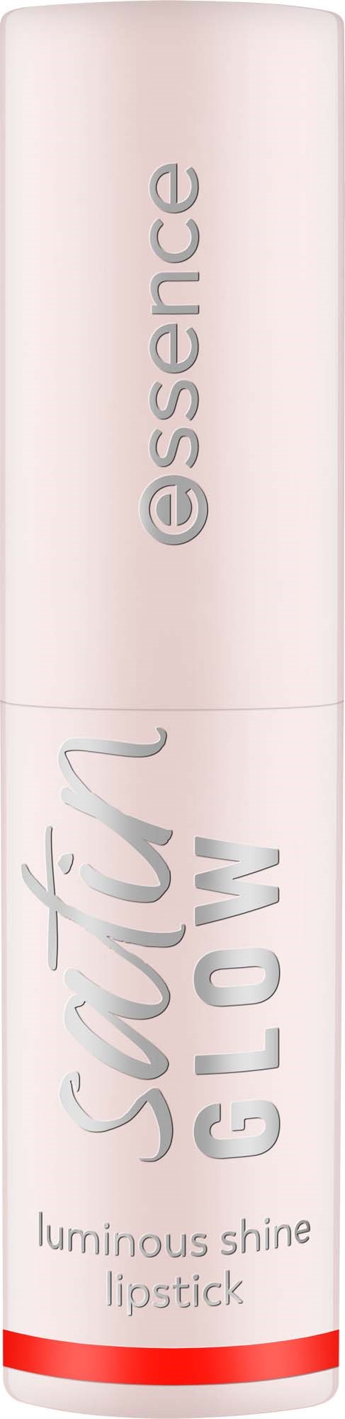 Pitkä, valkoinen huulipunasetti, jossa on hopea- ja punapainikkeita, teksti satin glow ja essence.