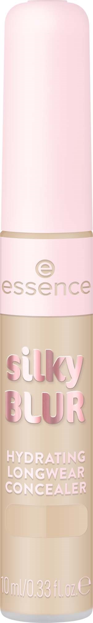 Ein pinker und beiger Tuben mit essence silky blur hydrating longwear concealer. Es hat einen runden rosa Verschluss und eine einfache Beschriftung.