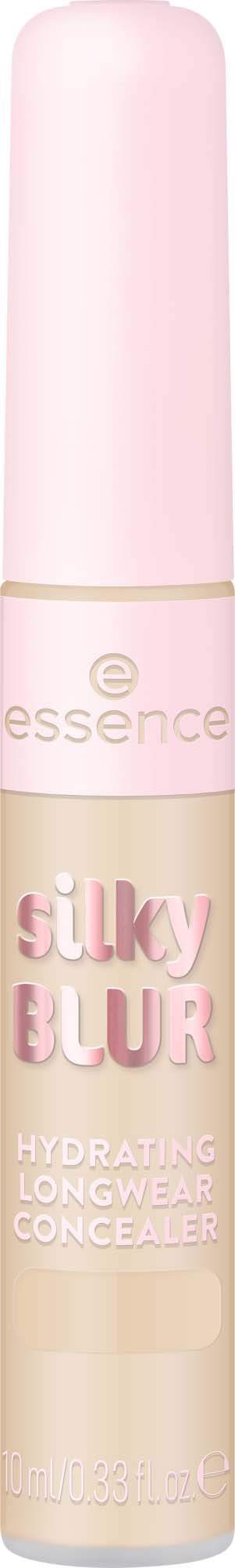 Eine lange, rosa Tube Essence Silky Blur hydratisierender Langzeit-Concealer. Mit runden Deckel und klarer Beschriftung.