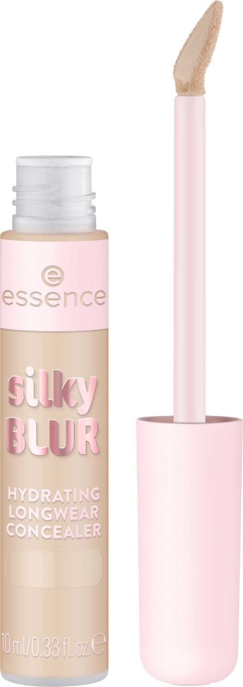 Ein Concealer-Röhre mit Applikator, beschriftet Silky Blur Hydrating Longwear Concealer in Pink und Beige.