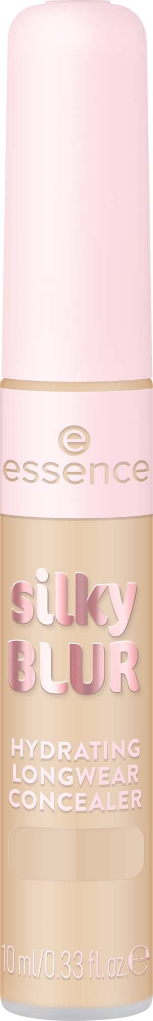 Een roze en beige stiftconcealer van Essence met label Silky Blur Hydrating Longwear Concelar.