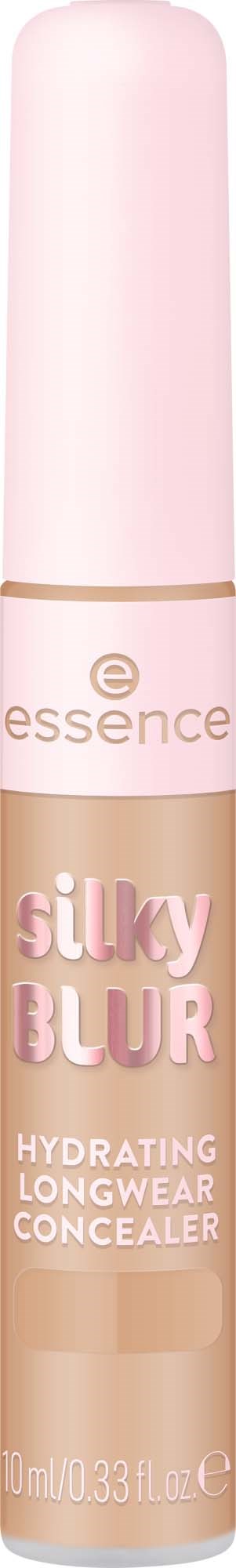 Langer, schlanker Concealer-Stift mit Marke Essence und Produktname Silky Blur für feuchtigkeitsspendende Abdeckung.
