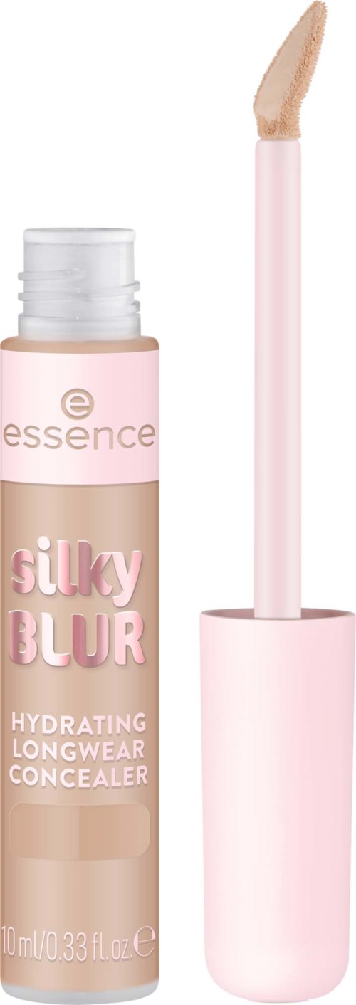 Ein rosa Abdeckstift mit Applikator und einem Etikett, das Silky Blur Hydrating Longwear Concealer sagt.