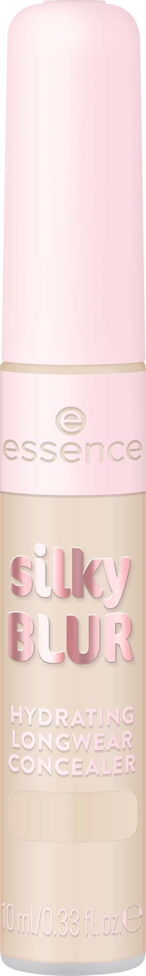 Ein hellrosa Tube von essence Concealer mit der Aufschrift Silky Blur für langanhaltende Feuchtigkeit und Abdeckung.