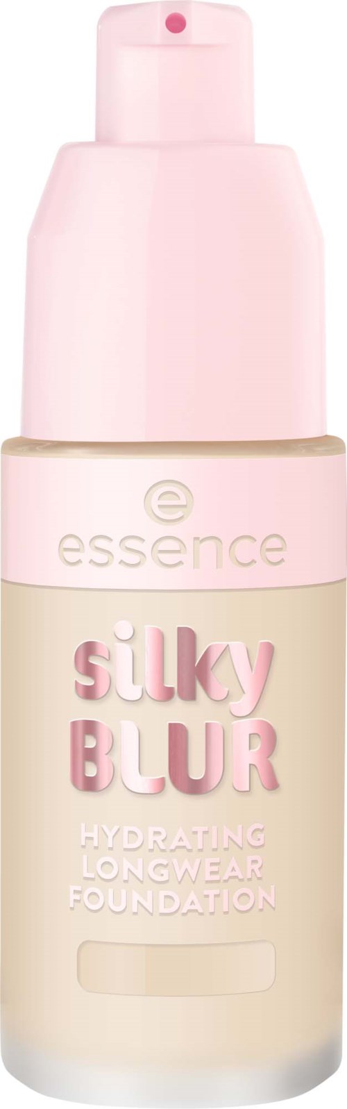 Essence silky blur hyytävännestä ja pitkäkestävää meikkipohjaa sisältävä pullo, jossa vaaleanpunainen suutin ja etiketti.