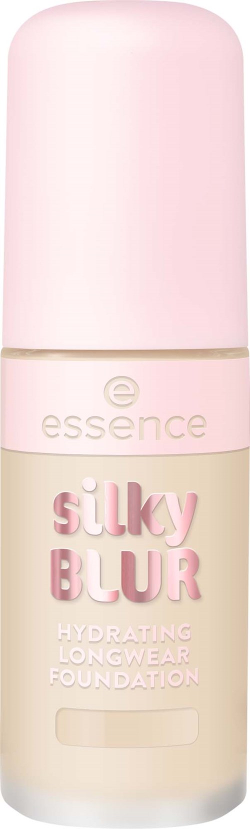 Pitkä, vaaleanpunainen ja valkoinen pohjameikkipullo, jossa merkki Essence ja tuotteen nimi Silky Blur.