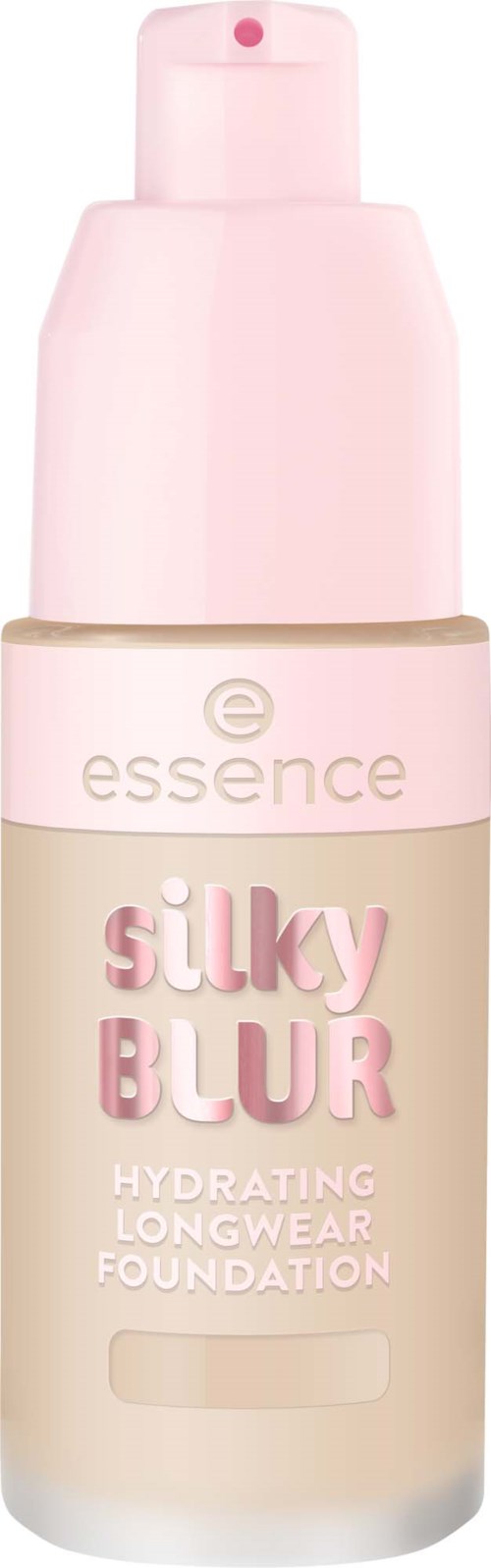 Beige meikkivoidepullo, jossa on vaaleanpunainen korkki ja vaaleanpunaista tekstiä Silky Blur, kosteuttava pitkäkestoinen.