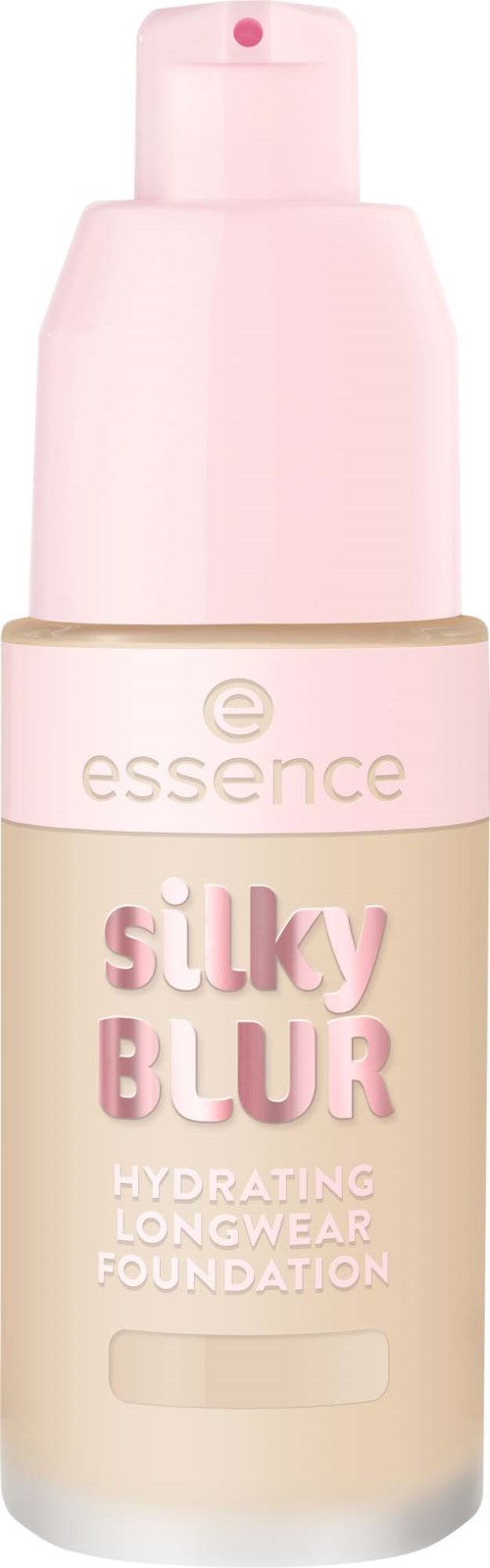 Essence Silky Blur kosteuttava pitkäkestoinen meikkipohja ja vaaleanpunainen pumppupullo.