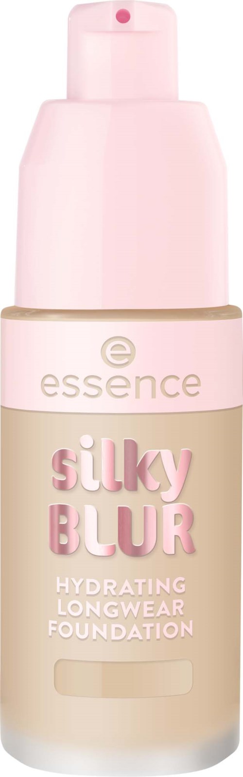 Een beige en roze foundationfles met een pompdop gelabeld silky blur.