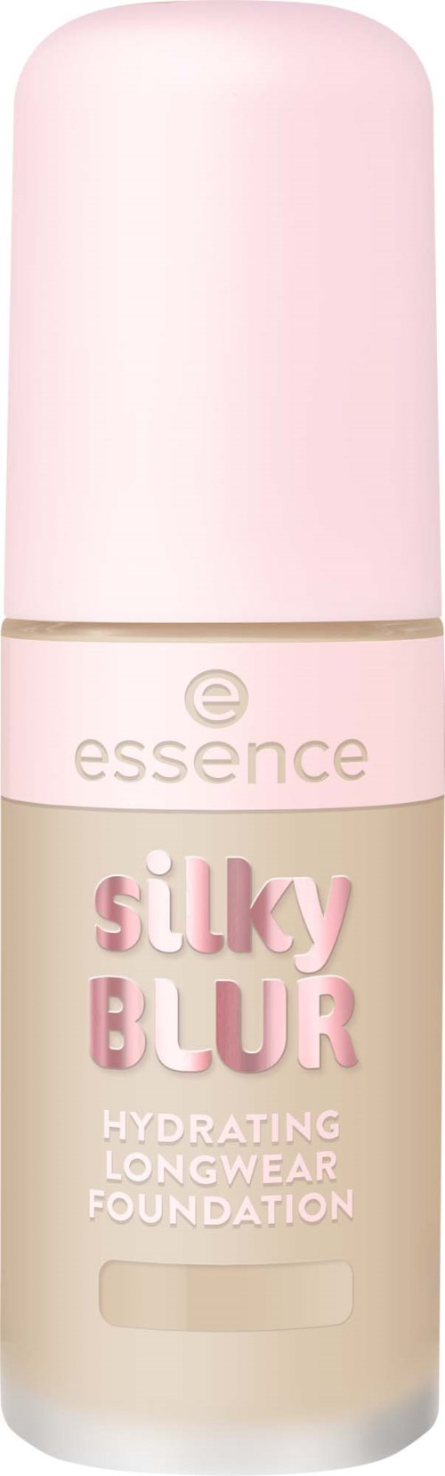 Een lange, roze en beige flacon met hydraterende foundation genaamd Essence Silky Blur met langdurige formule.