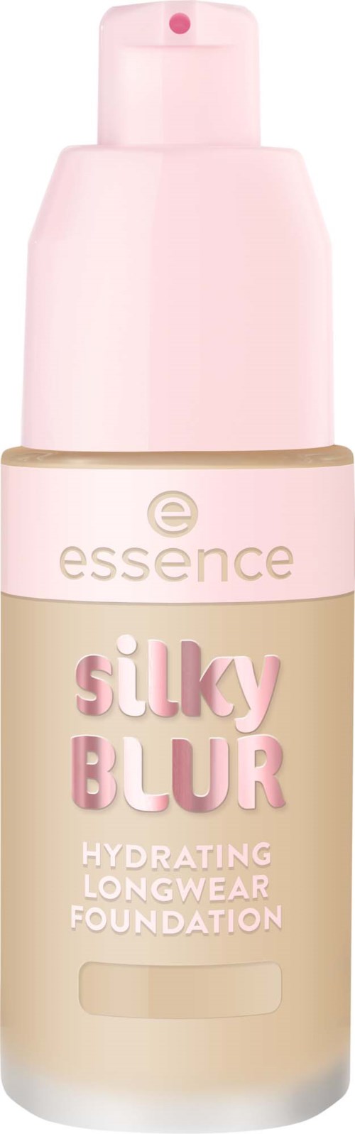 Eine beige Make-up-Flasche mit rosa Pumpe und Etikett, namens Silky Blur, für langanhaltende Hydratation.