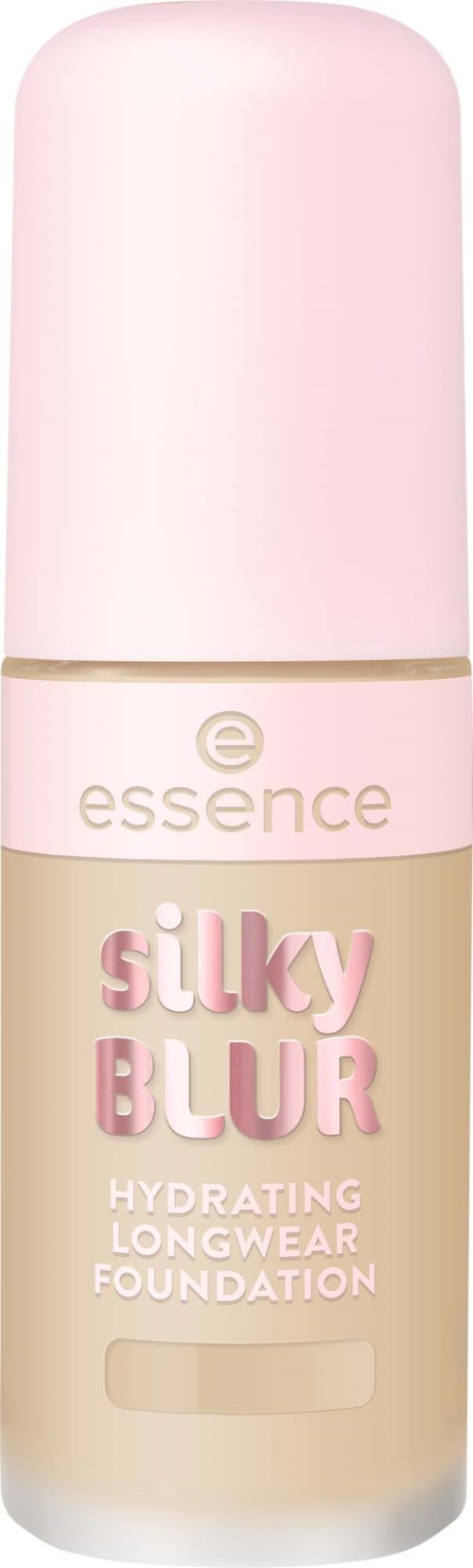 Eine beigen Foundation-Flasche mit rosa Deckel, gekennzeichnet mit Essence Silky Blur Hydrating Longwear Foundation.