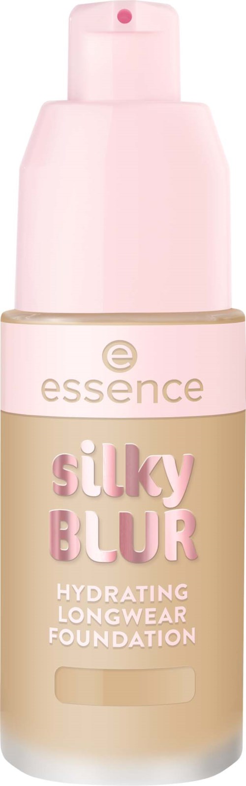 Vaatteen sävyinen, pumpullinen meikkituubitölkki, jossa lukee Essence Silky Blur Hydrating Longwear Foundation.