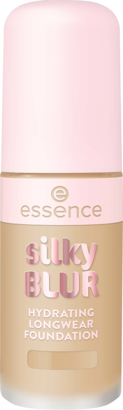 Meikkivoidepullo, jossa on vaaleanpunainen kansi ja beige runko, merkki essence.