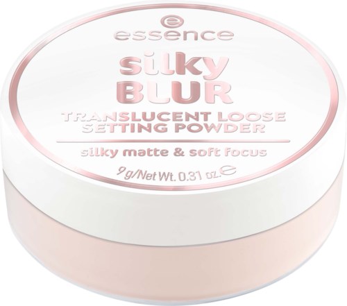 En rund behållare med lös settingpuder med rosa text och en mjuk rosa och vit design.