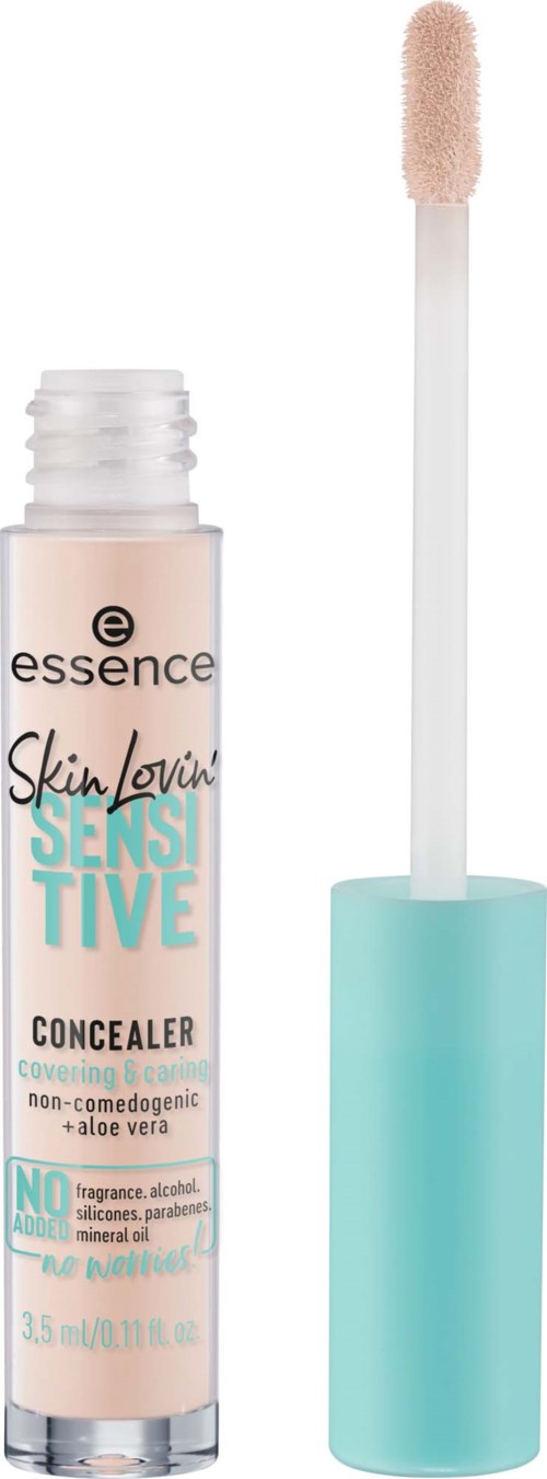 En concealer-tub med en ljus beige nyans och en turkos kork, visar en applicator med beige spets.