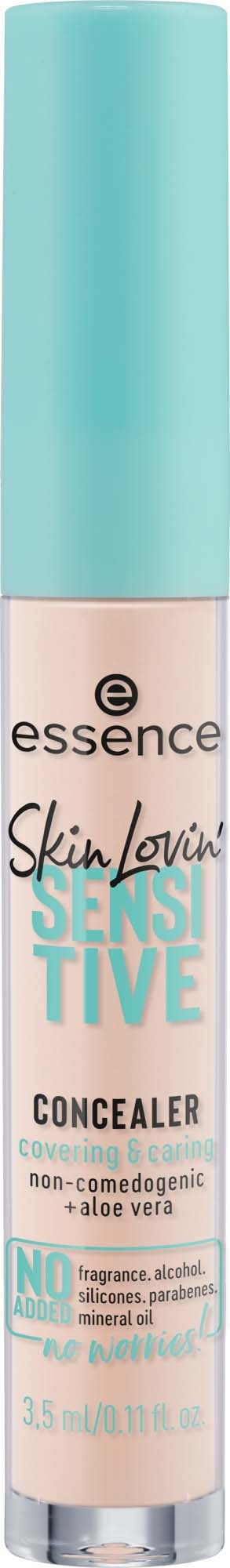 En cylindrisk tub av Essence Skin Loving Sensitive Concealer med en blå hatt och mjuk rosa flaska.