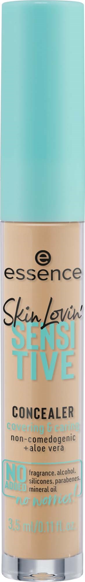 Ett beige concealer-rör med turkos lock, märkt som essence Skin Loving Sensitive Concealer.
