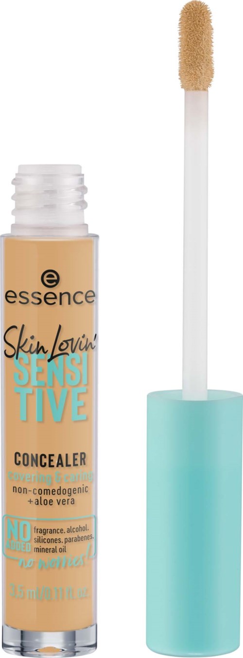 En beige concealertub från Essence med blå kork, öppen med applikator som visar.