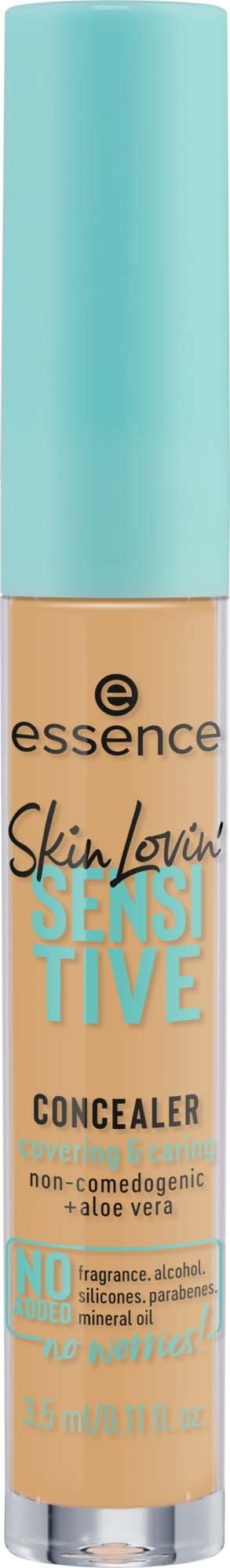 En beige täckstift med ljusblå kork från Essence, märkt för hudkärlek och icke-komedogen.