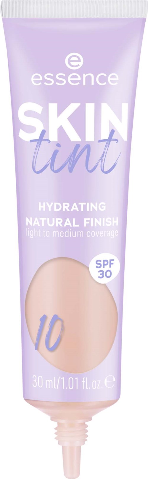 Lila Tube mit den Worten Essence Skin Tint, SPF 30 und Farbnummer 10, zeigt ein hydratisierendes Make-up-Produkt.