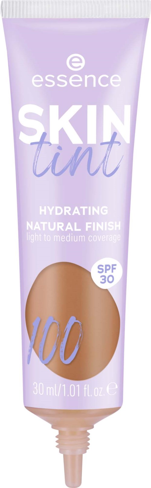 Lila tube Essence Skin Tint met SPF 30, hydraterend en natuurlijke finish, bevat 30 ml.