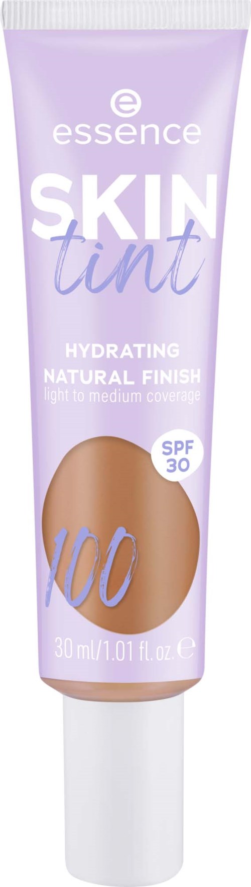 Lavendelkleurige tube van essence skin tint met SPF 30, biedt natuurlijke dekking, toont kleurnummer 100.
