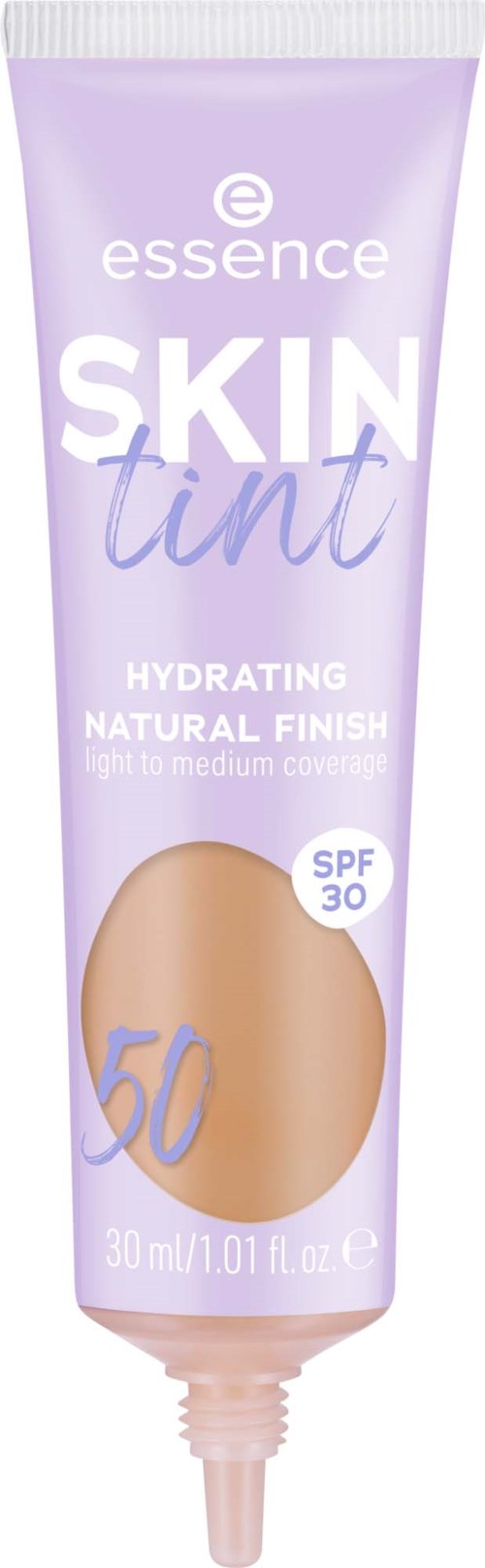 Eine Tube Essence Skin Tint mit SPF 30, feuchtigkeitsspendend, natürlicher Abschluss, leichte bis mittlere Abdeckung.