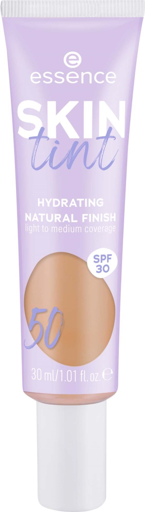 Eine lilafarbene Tube Essence Skin Tint mit SPF 30 für leichte bis mittlere Abdeckung und natürlichen Look.