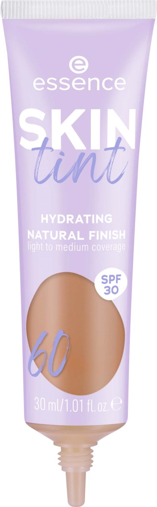 Eine Tube Essence Skin Tint mit SPF 30, leichter Abdeckung, natürliches Finish, in lila Verpackung.