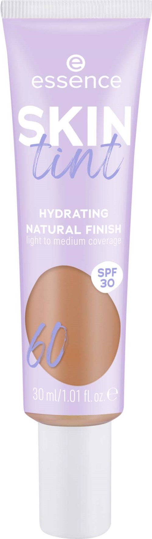Lila Tube mit essence Skin Tint SPF 30, sorgt für hydratisierenden, natürlichen Look mit mittlerer Deckkraft.