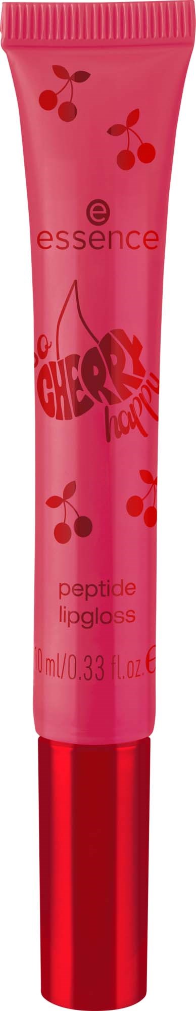 Rosa tub med körsbärsdesign. Märkt 'essence' och 'peptide lip gloss'. Liten storlek, troligen en kosmetisk produkt.