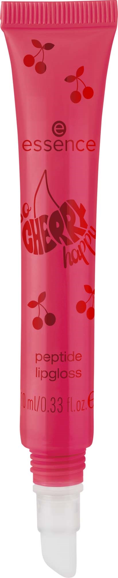 Rosa läppglansrör med körsbärsillustrationer och märket Essence. Liten, 0,38 oz.