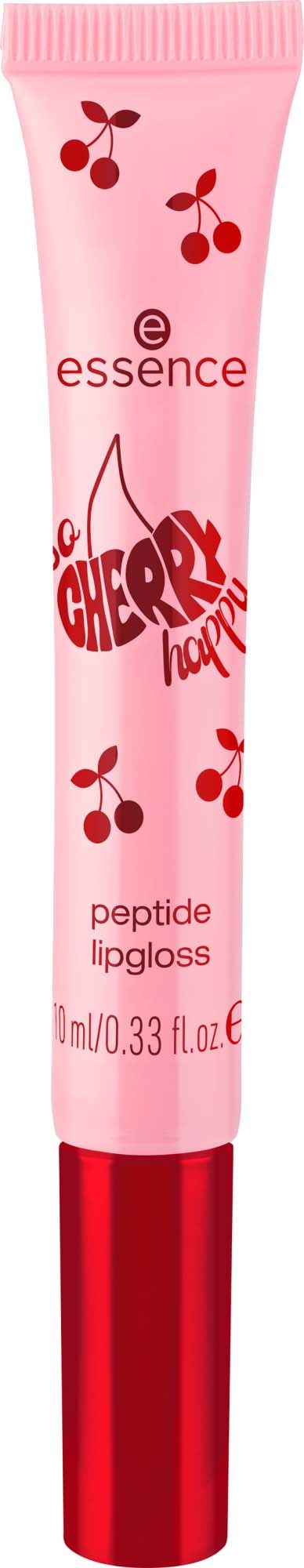 En rosa tube med texten 'Essence Large Cherry Happy Peptide Lipgloss' och körillustrationer.