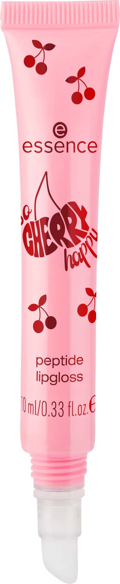 Pink tub med körsbärssmakande läppglans med körsbärsillustrationer och lekfull text. Märke Essence. Innehåller peptider. 0,33 fl oz.