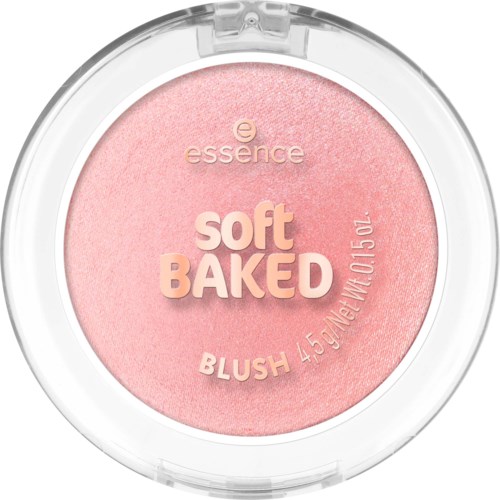 Valkoinen poskipuna, jossa läpinäkyvä kansi, merkintä essence soft BAKED, 4,5 grammaa ja sileä, paistettu tekstuuri.