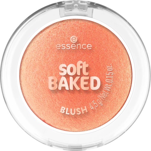 Pyöreä poski-purkki, jossa persikanvärinen jauhe ja valkoinen teksti 'soft BAKED' ja 'BLUSH'.