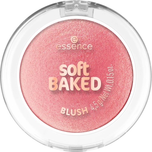 Pyöreä vaaleanpunainen poskipuna-purkki, jossa läpinäkyvä kansi, sisältää pehmeän paistetun poskipunan ja merkitty "essence soft BAKED BLUSH".