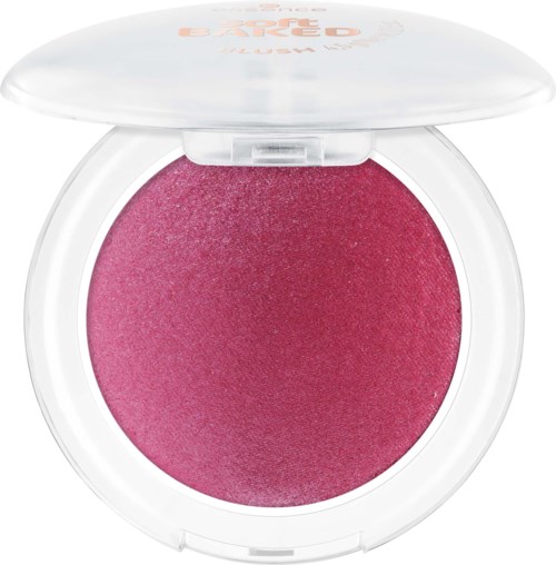 A round compact with bright pink blush inside and a white lid that is slightly open.