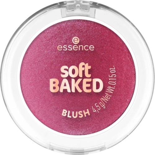 Pink blush with a soft, baked texture and simple white and pink text on a clear container.