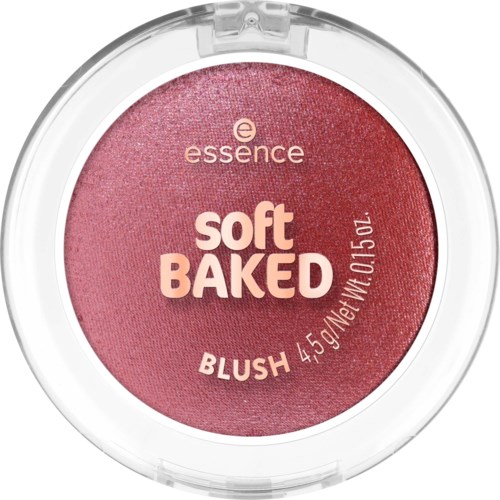 Pyöreä poskipunakuppi, jossa vaaleanpunainen meikki sisällä, merkitty essence soft BAKED, painotiedot.