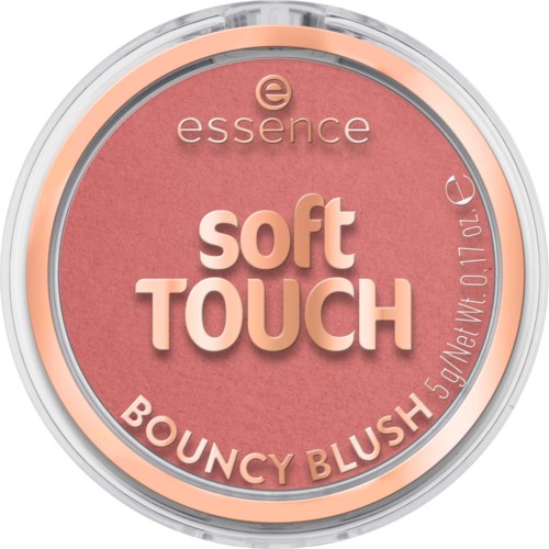 Pyöreä meikkipakkaus, jossa on pinkki poskipuna, nimeltä essence soft TOUCH BOUNCY BLUSH, 0.17 unssia.