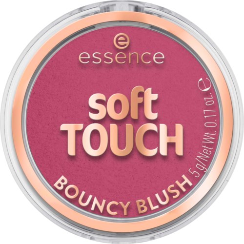 Pyöreä poski-tuoteväri, nimi essence soft TOUCH BOUNCY BLUSH, vaaleanpunainen ja kultaiset korostukset.