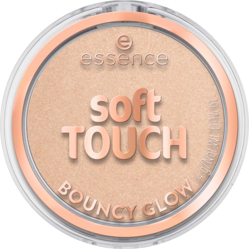 Pieni kompakti vaalean beigenväri ja vaaleanpunaisilla sävyillä, jossa lukee soft TOUCH ja BOUNCY GLOW.