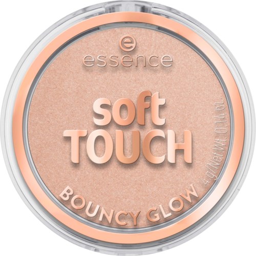 Pieni meikkituote, jossa on essence soft TOUCH Bouncy Glow, persikanvärinen puuteri läpinäkyvässä pyöreässä pokassa.