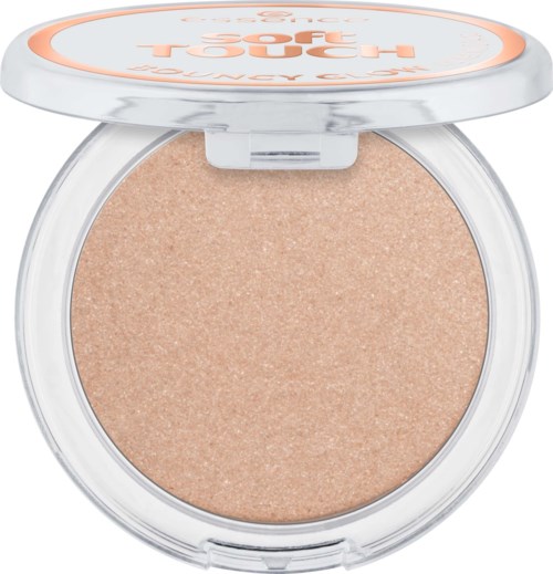 Een compacte poeder make-up in beige kleur met doorzichtige deksel en etiket aan de bovenkant.